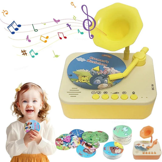 Kids Story Player Gramophone - 96 Themed Discs, Boosts English Skills, Easy Controls, Eye-Catching Design, Safe for Toddlers 3+