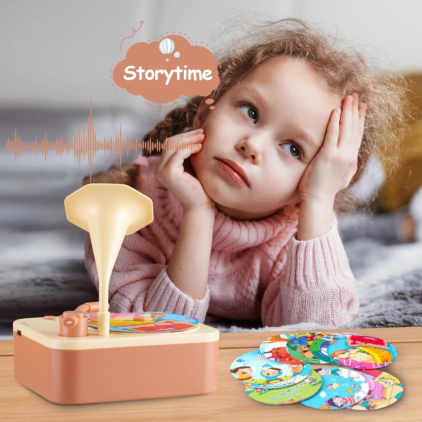 Kids Story Player Gramophone - 96 Themed Discs, Boosts English Skills, Easy Controls, Eye-Catching Design, Safe for Toddlers 3+