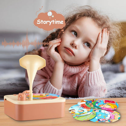 Kids Story Player Gramophone - 96 Themed Discs, Boosts English Skills, Easy Controls, Eye-Catching Design, Safe for Toddlers 3+