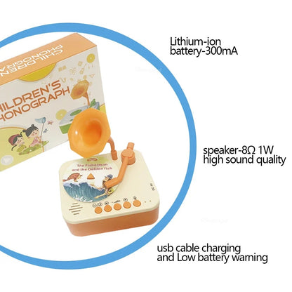 Kids Story Player Gramophone - 96 Themed Discs, Boosts English Skills, Easy Controls, Eye-Catching Design, Safe for Toddlers 3+