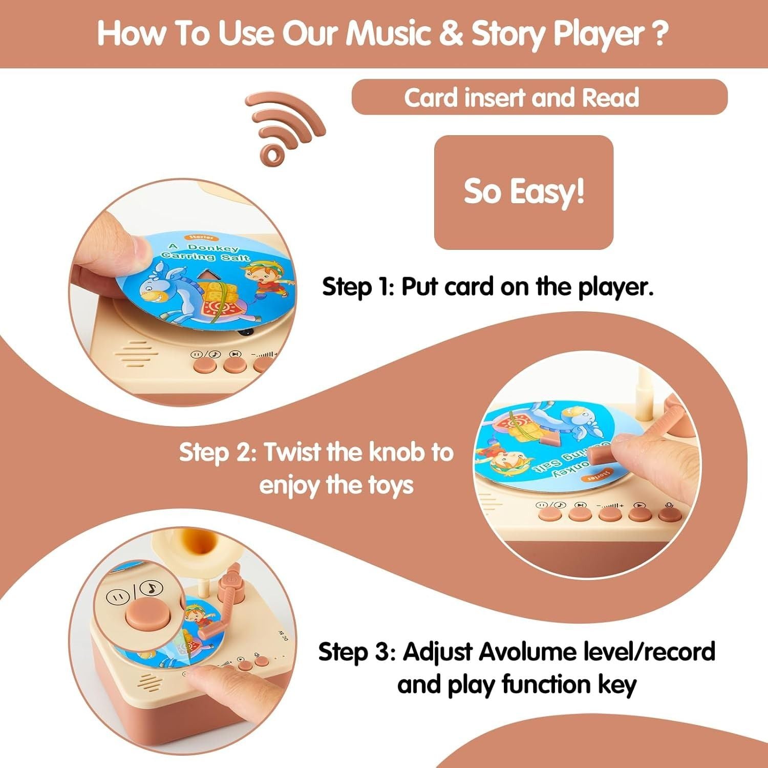 Kids Story Player Gramophone - 96 Themed Discs, Boosts English Skills, Easy Controls, Eye-Catching Design, Safe for Toddlers 3+