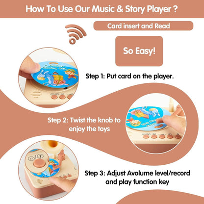 Kids Story Player Gramophone - 96 Themed Discs, Boosts English Skills, Easy Controls, Eye-Catching Design, Safe for Toddlers 3+