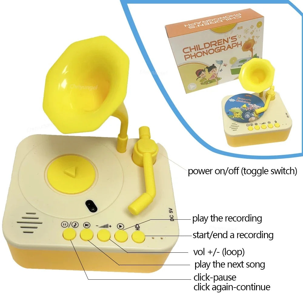 Kids Story Player Gramophone - 96 Themed Discs, Boosts English Skills, Easy Controls, Eye-Catching Design, Safe for Toddlers 3+