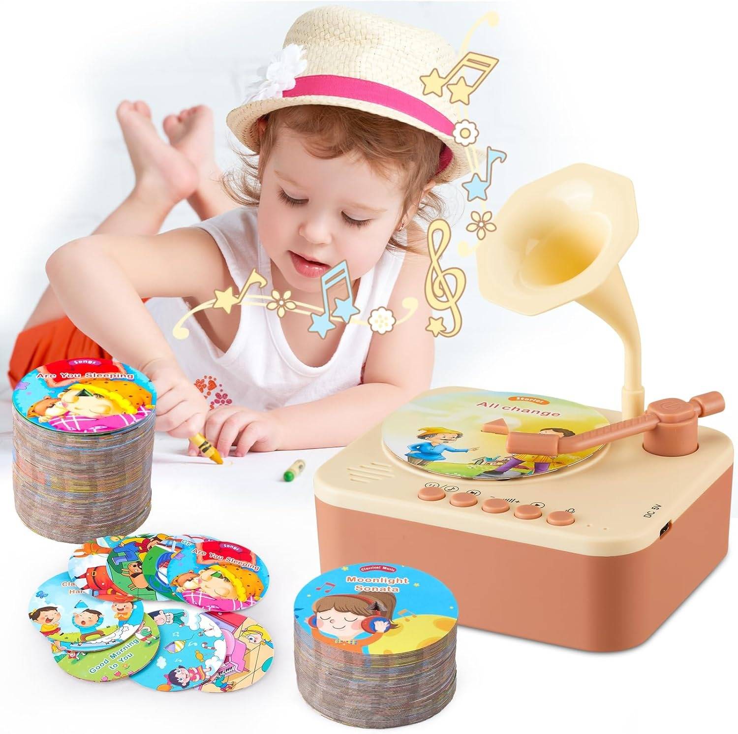 Kids Story Player Gramophone - 96 Themed Discs, Boosts English Skills, Easy Controls, Eye-Catching Design, Safe for Toddlers 3+