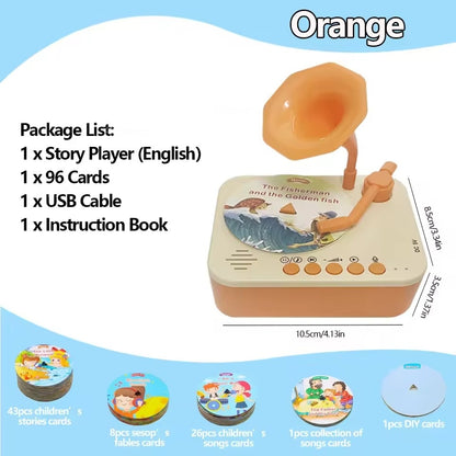 Kids Story Player Gramophone - 96 Themed Discs, Boosts English Skills, Easy Controls, Eye-Catching Design, Safe for Toddlers 3+