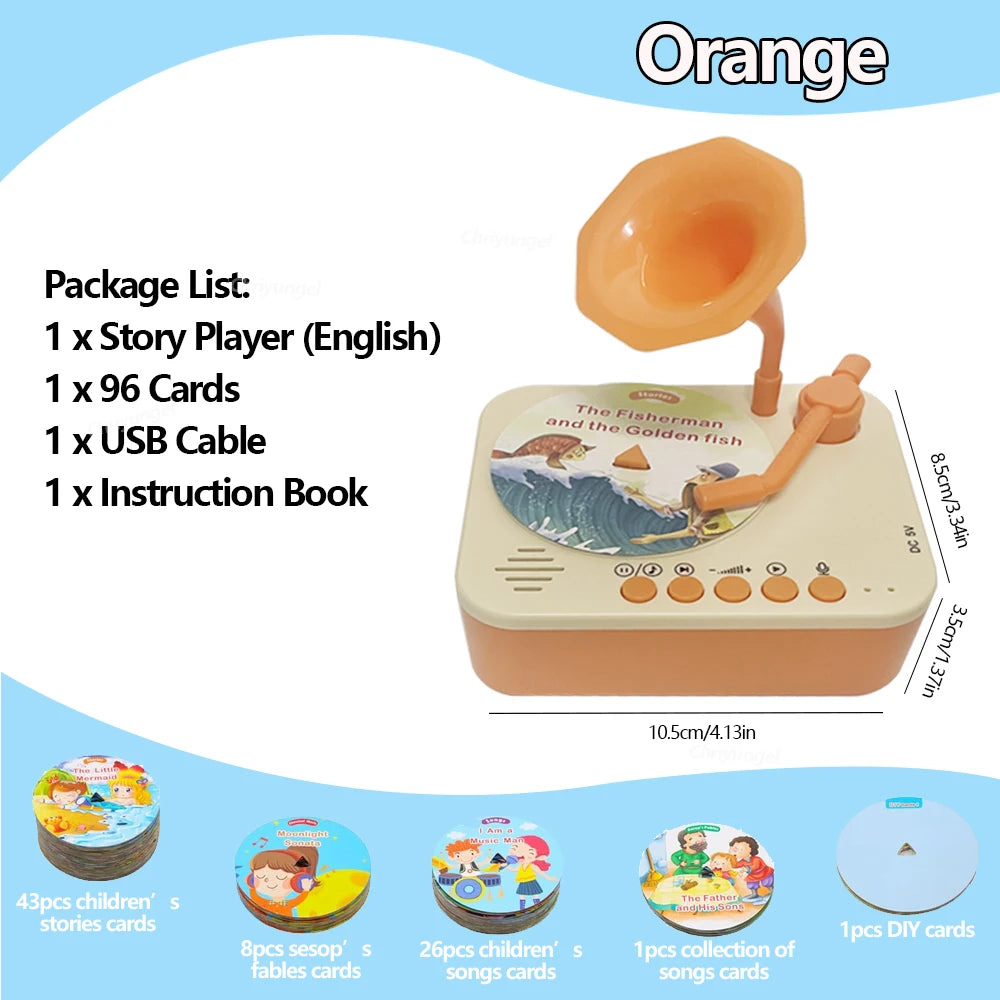 Kids Story Player Gramophone - 96 Themed Discs, Boosts English Skills, Easy Controls, Eye-Catching Design, Safe for Toddlers 3+
