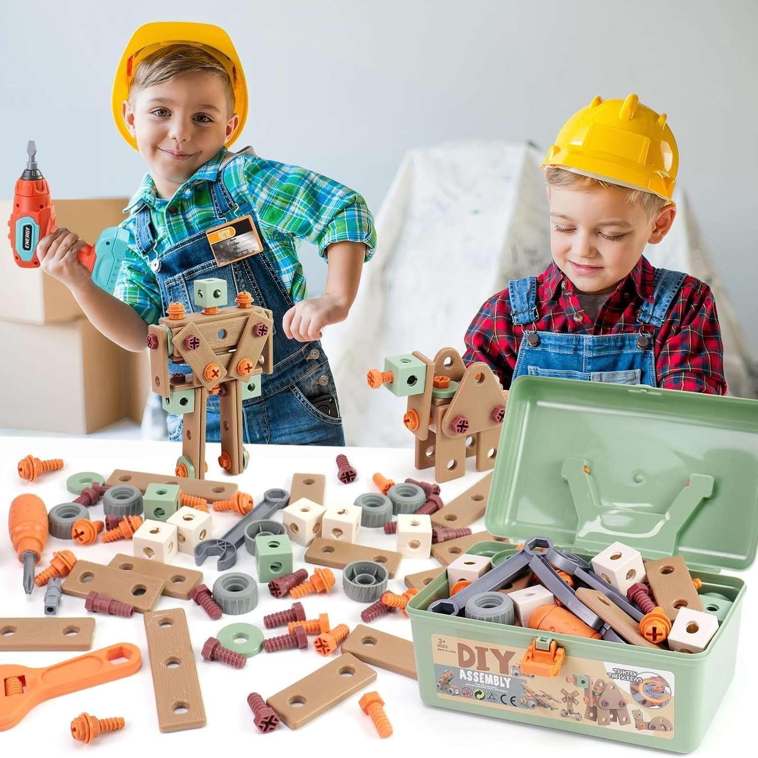 Kids Tool Set Construction With Drill & Screwdriver, Assembly Play, Repair Simulation, Tool Storage Box for Ages 3+