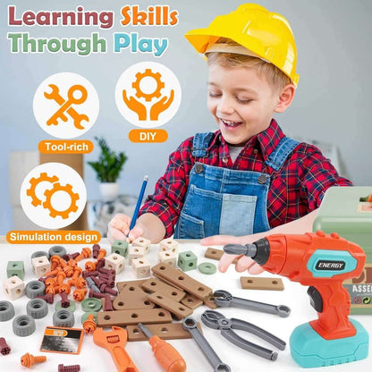Kids Tool Set Construction With Drill & Screwdriver, Assembly Play, Repair Simulation, Tool Storage Box for Ages 3+