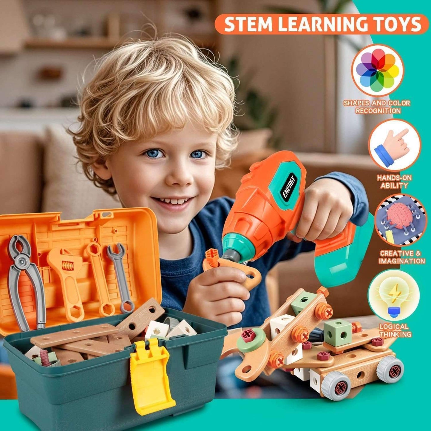 Kids Tool Set Construction With Drill & Screwdriver, Assembly Play, Repair Simulation, Tool Storage Box for Ages 3+