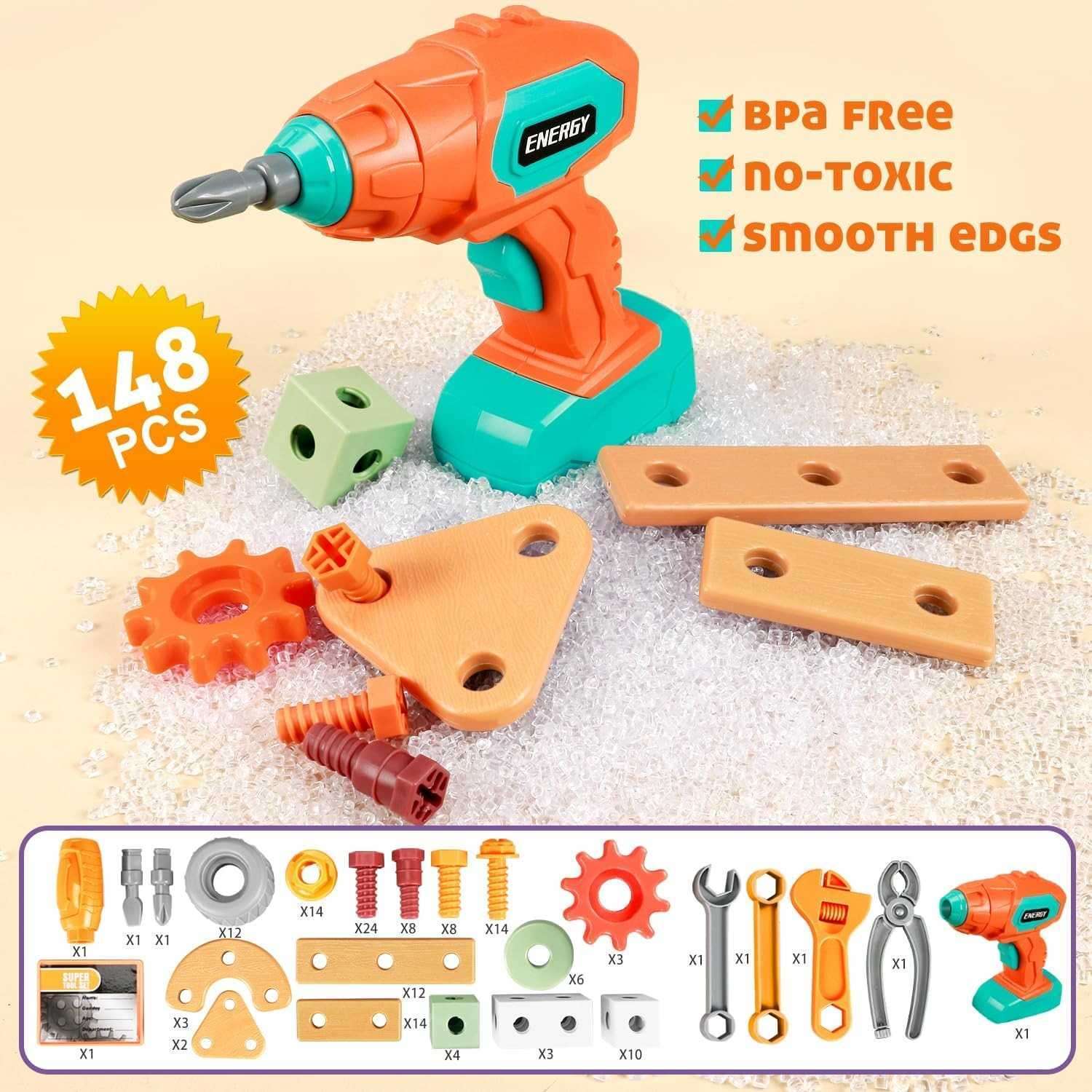 Kids Tool Set Construction With Drill & Screwdriver, Assembly Play, Repair Simulation, Tool Storage Box for Ages 3+
