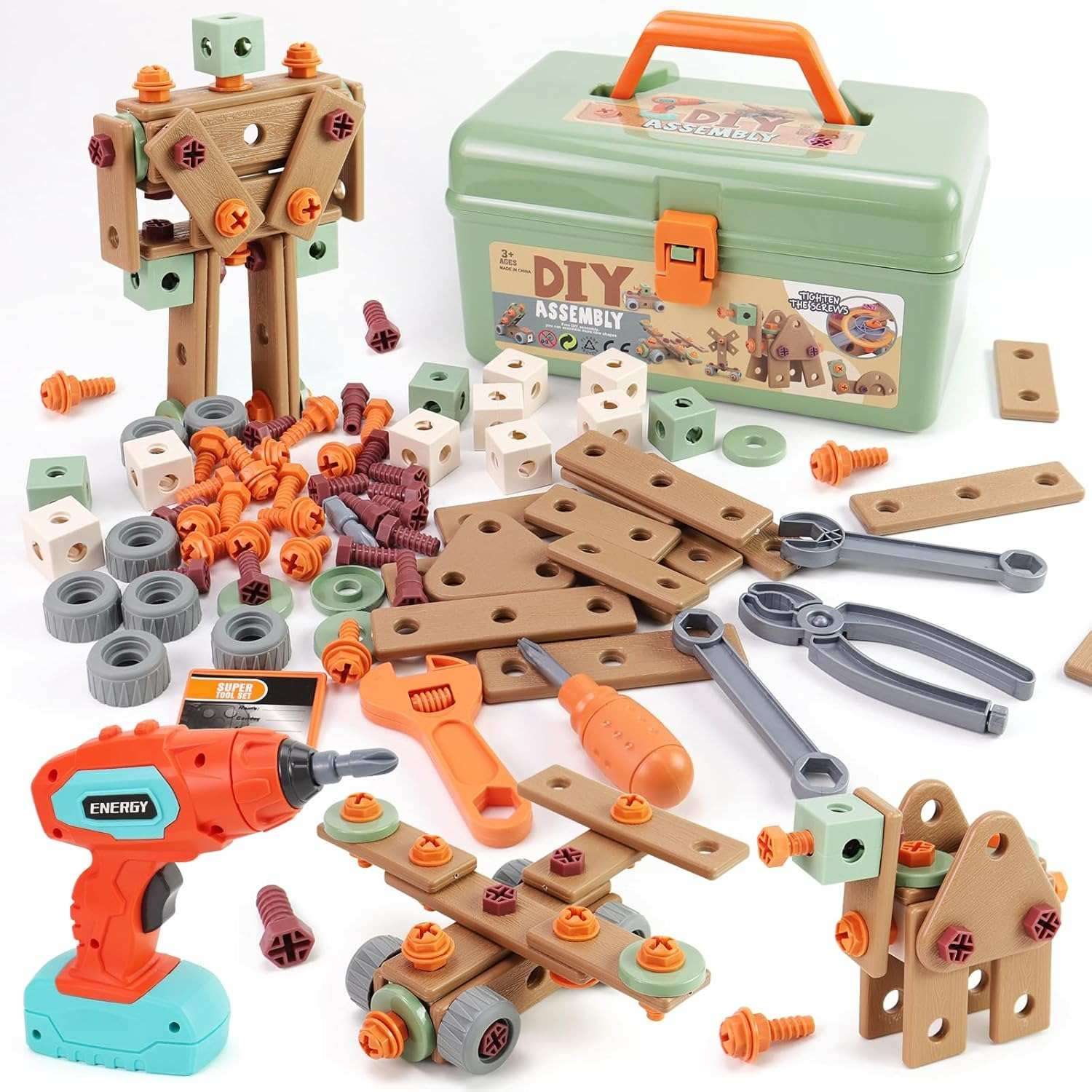 Kids Tool Set Construction With Drill & Screwdriver, Assembly Play, Repair Simulation, Tool Storage Box for Ages 3+