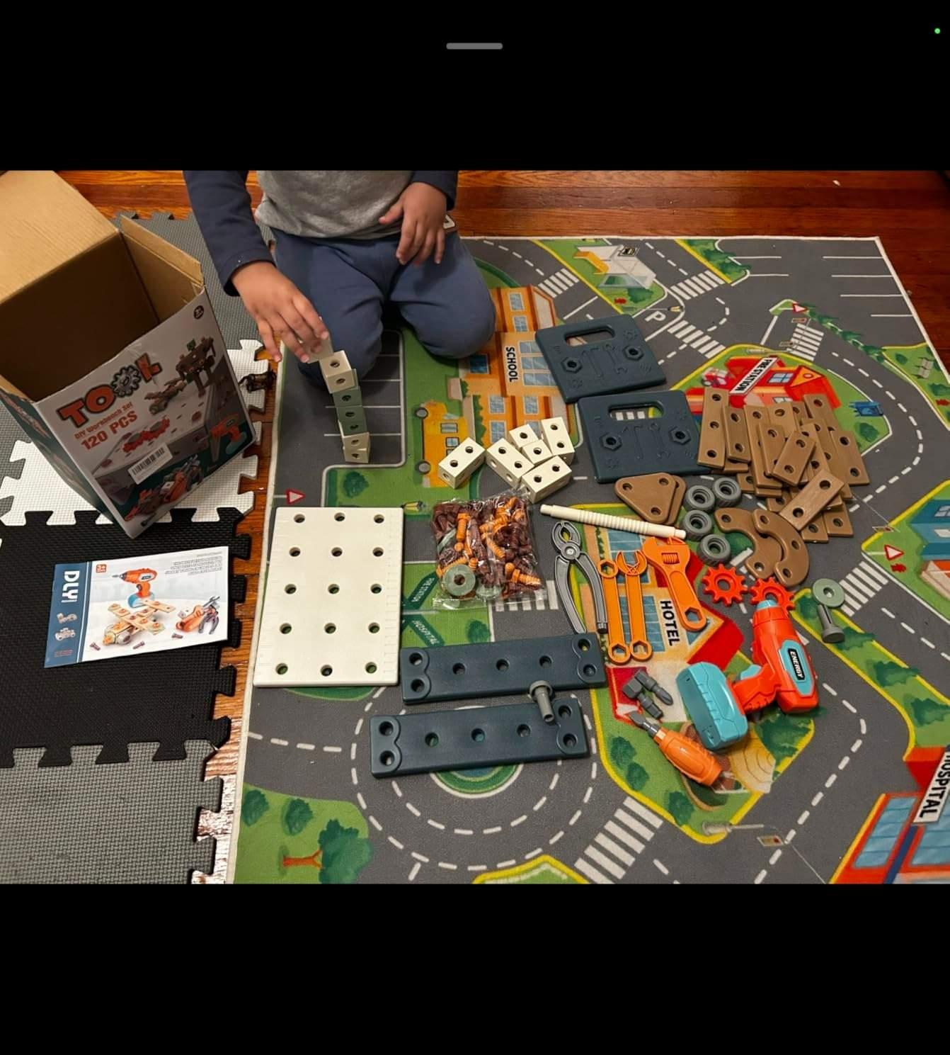 Kids Tool Set Construction With Drill & Screwdriver, Assembly Play, Repair Simulation, Tool Storage Box for Ages 3+