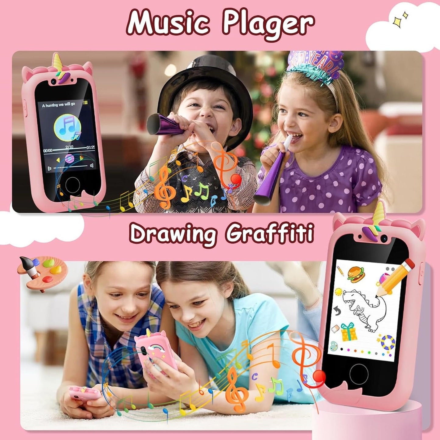 Kids Toy Phone with Dual Cameras and Educational Features, Music, Stories, Games & Drawing, Safe for Ages 3+