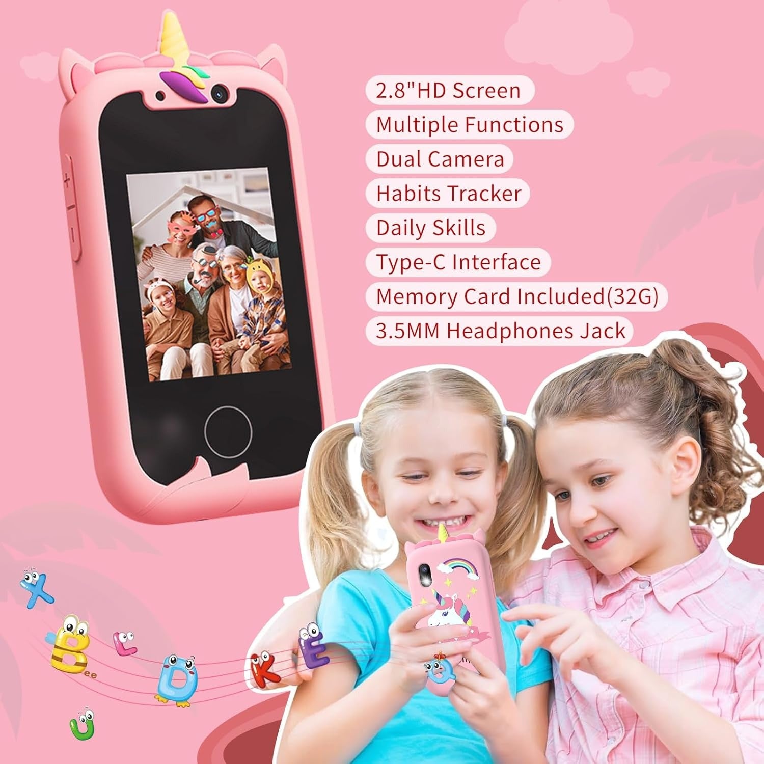 Kids Toy Phone with Dual Cameras and Educational Features, Music, Stories, Games & Drawing, Safe for Ages 3+