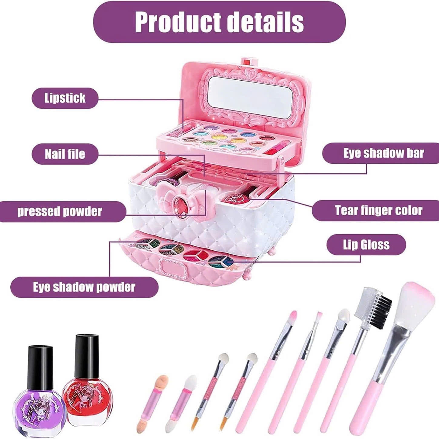 Kids Washable Makeup Beauty Kit with Cosmetic Case, Compact and Easy to Carry, Safe for Ages 3+