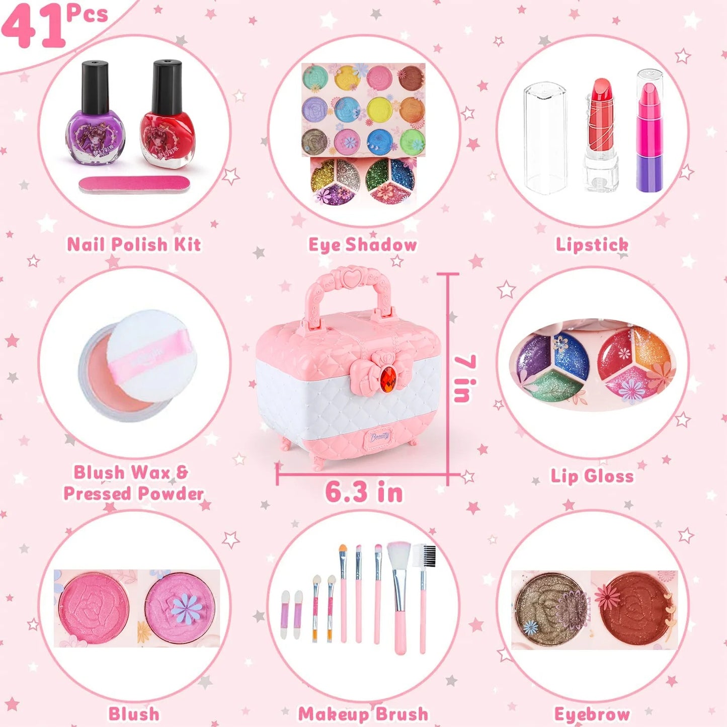 Kids Washable Makeup Beauty Kit with Cosmetic Case, Compact and Easy to Carry, Safe for Ages 3+