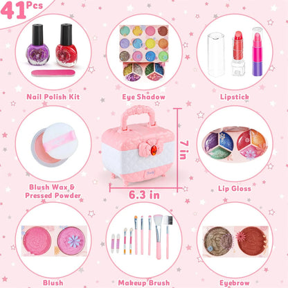 Kids Washable Makeup Beauty Kit with Cosmetic Case, Compact and Easy to Carry, Safe for Ages 3+
