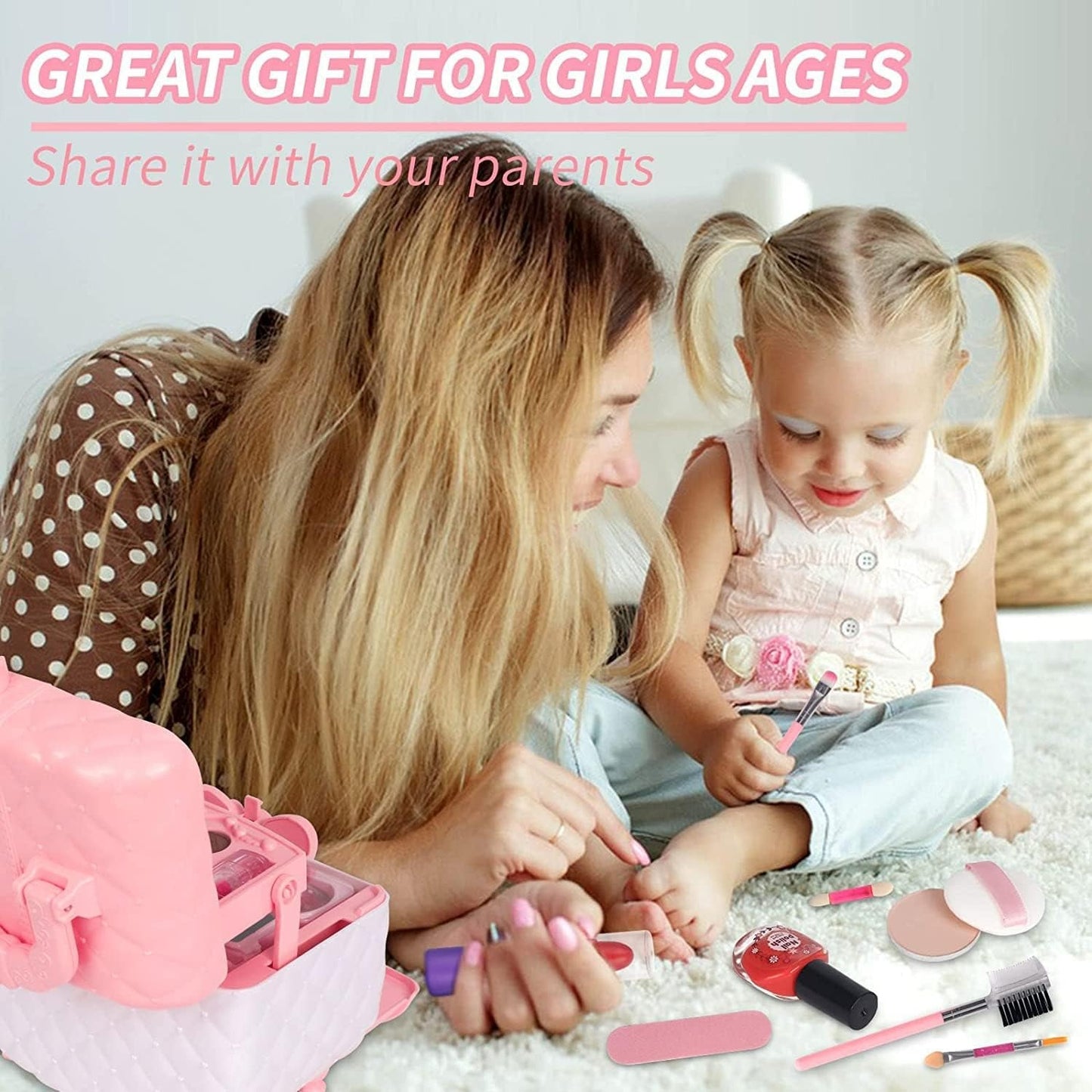 Kids Washable Makeup Beauty Kit with Cosmetic Case, Compact and Easy to Carry, Safe for Ages 3+