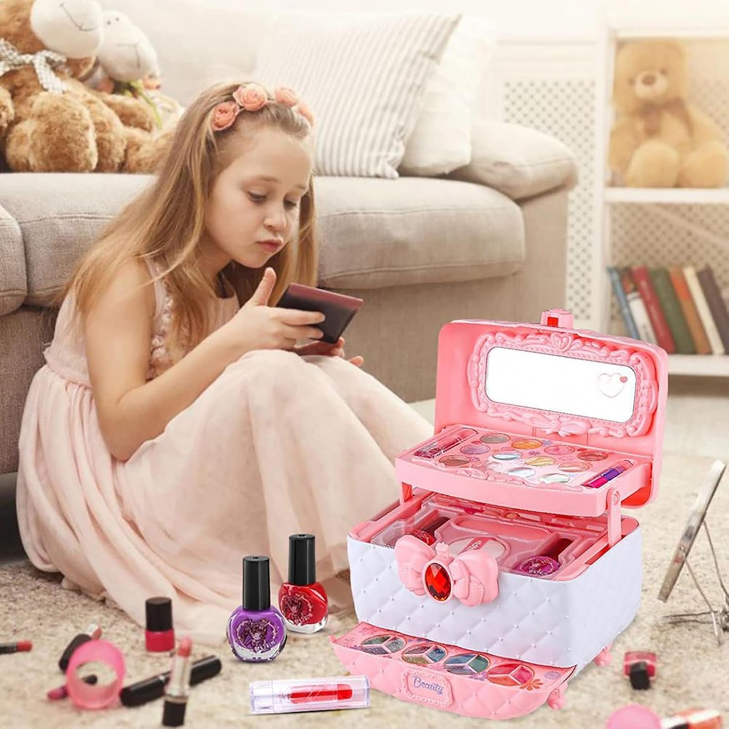 Kids Washable Makeup Beauty Kit with Cosmetic Case, Compact and Easy to Carry, Safe for Ages 3+