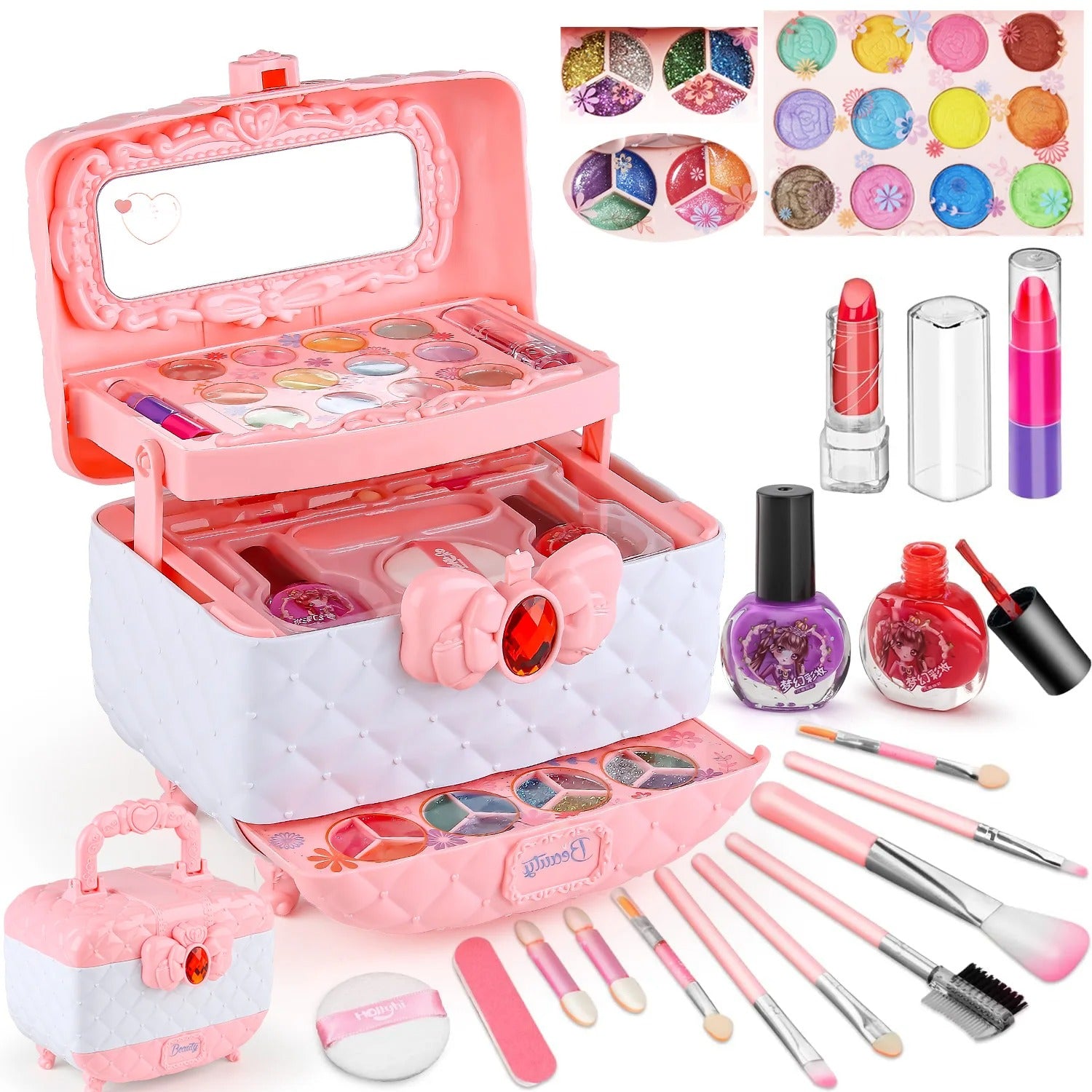 Kids Washable Makeup Beauty Kit with Cosmetic Case, Compact and Easy to Carry, Safe for Ages 3+