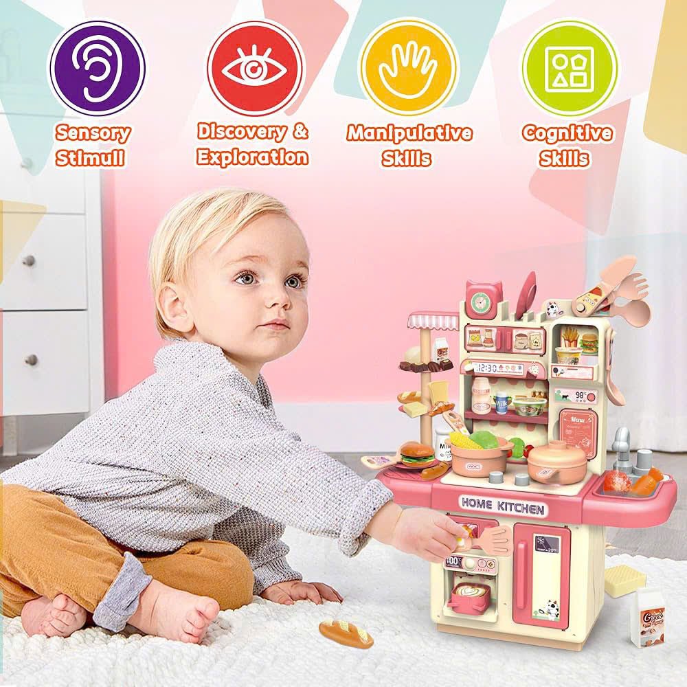Kitchen Play Set with 30 Accessories, Light and Sound Features, Easy to Assemble, Safe for Ages 3+