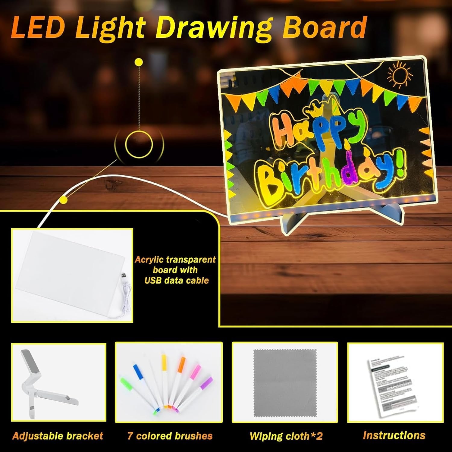 LED Drawing Board for Creative Kids, Glowing Notes, Rewritable, USB Powered, Great Gift Idea