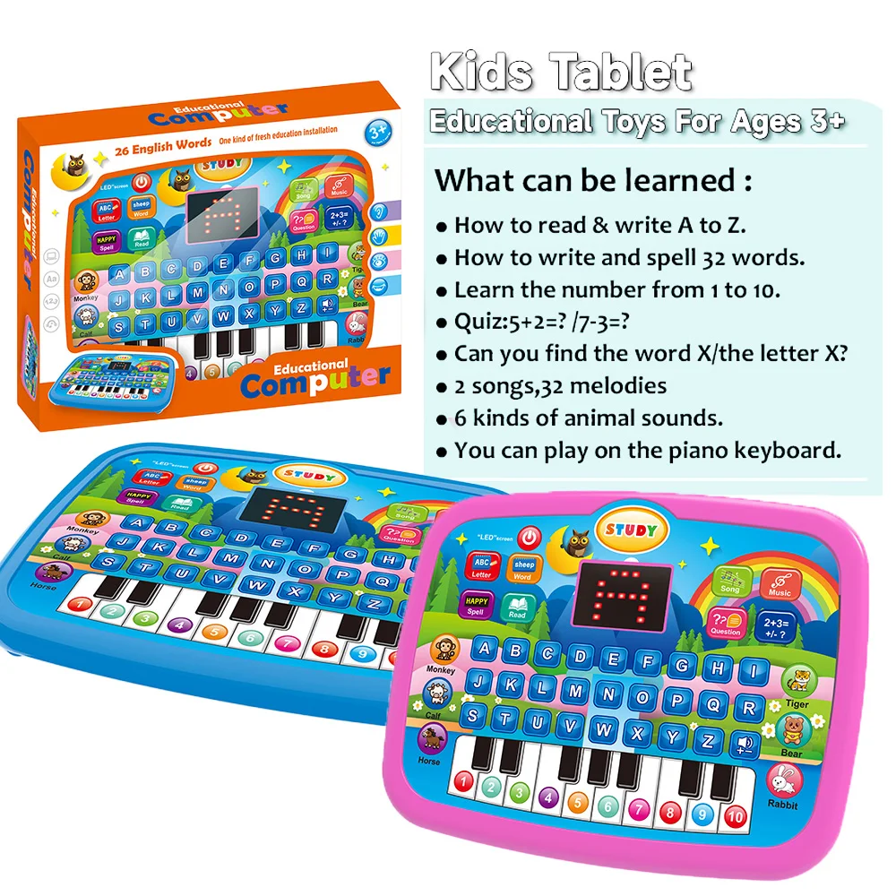 LED Interactive Learning Tablet for Kids Aged 1-6, Alphabet, Numbers, Music & Animal Piano Keys