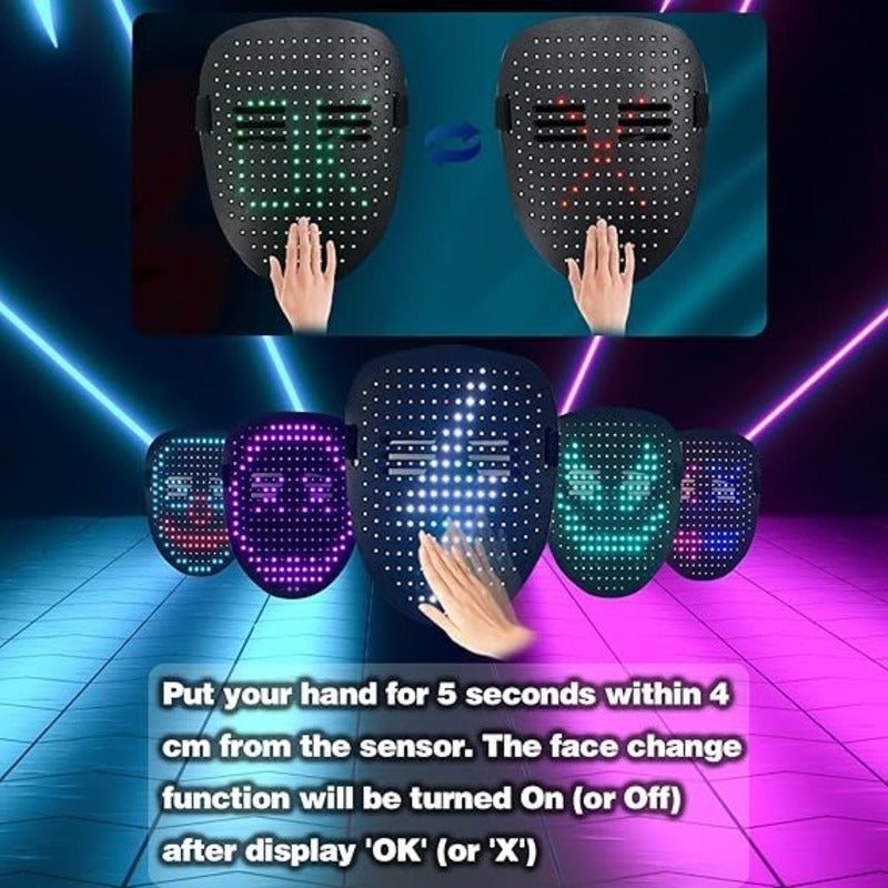 LED Mask with Gesture Control – Light-Up Mask for Kids with 50 Dynamic & Static Face Patterns, Built-in Rechargeable Battery