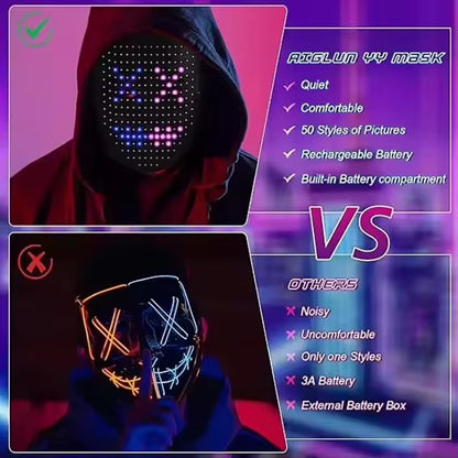 LED Mask with Gesture Control – Light-Up Mask for Kids with 50 Dynamic & Static Face Patterns, Built-in Rechargeable Battery