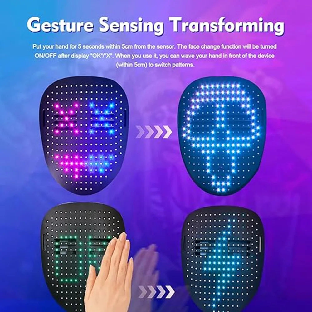 LED Mask with Gesture Control – Light-Up Mask for Kids with 50 Dynamic & Static Face Patterns, Built-in Rechargeable Battery