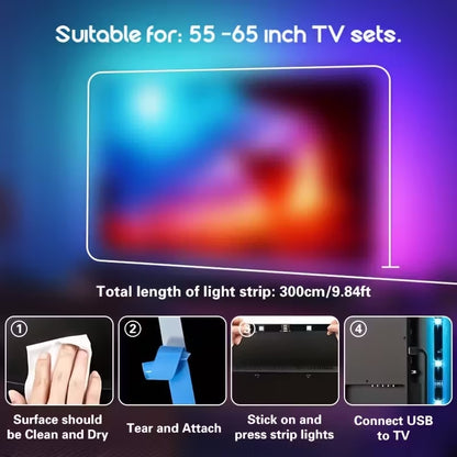 LED Strip Lights for TV Backlighting (55–75 Inch) with Color Sync Sensor, Bluetooth APP Control, RGBIC Effects