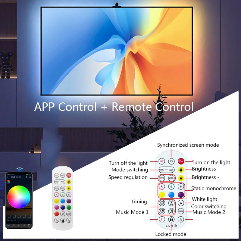 LED Strip Lights for TV Backlighting (55–75 Inch) with Color Sync Sensor, Bluetooth APP Control, RGBIC Effects