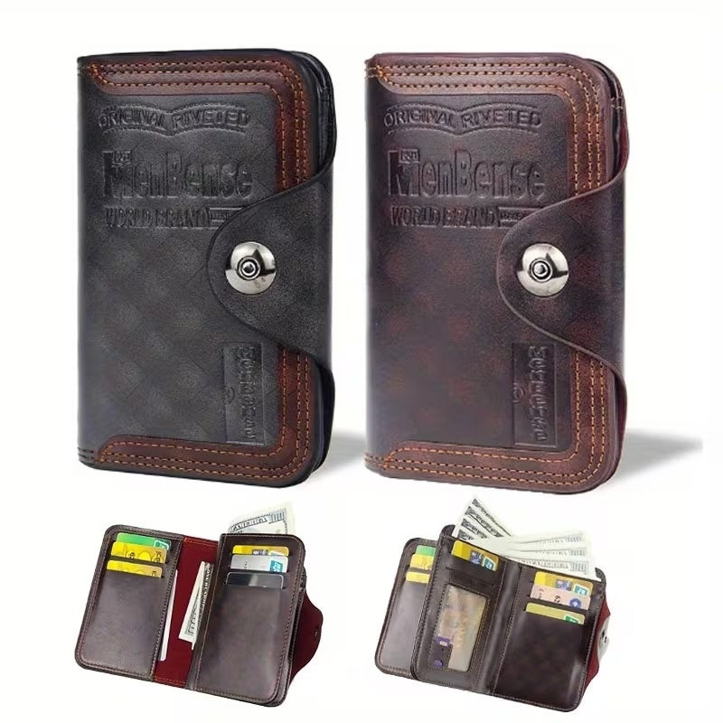 Large-capacity Tri-fold Men’s Wallet in Leather with Multiple Compartments, Snap Button Closure and a Compact, Easy-to-Carry Design