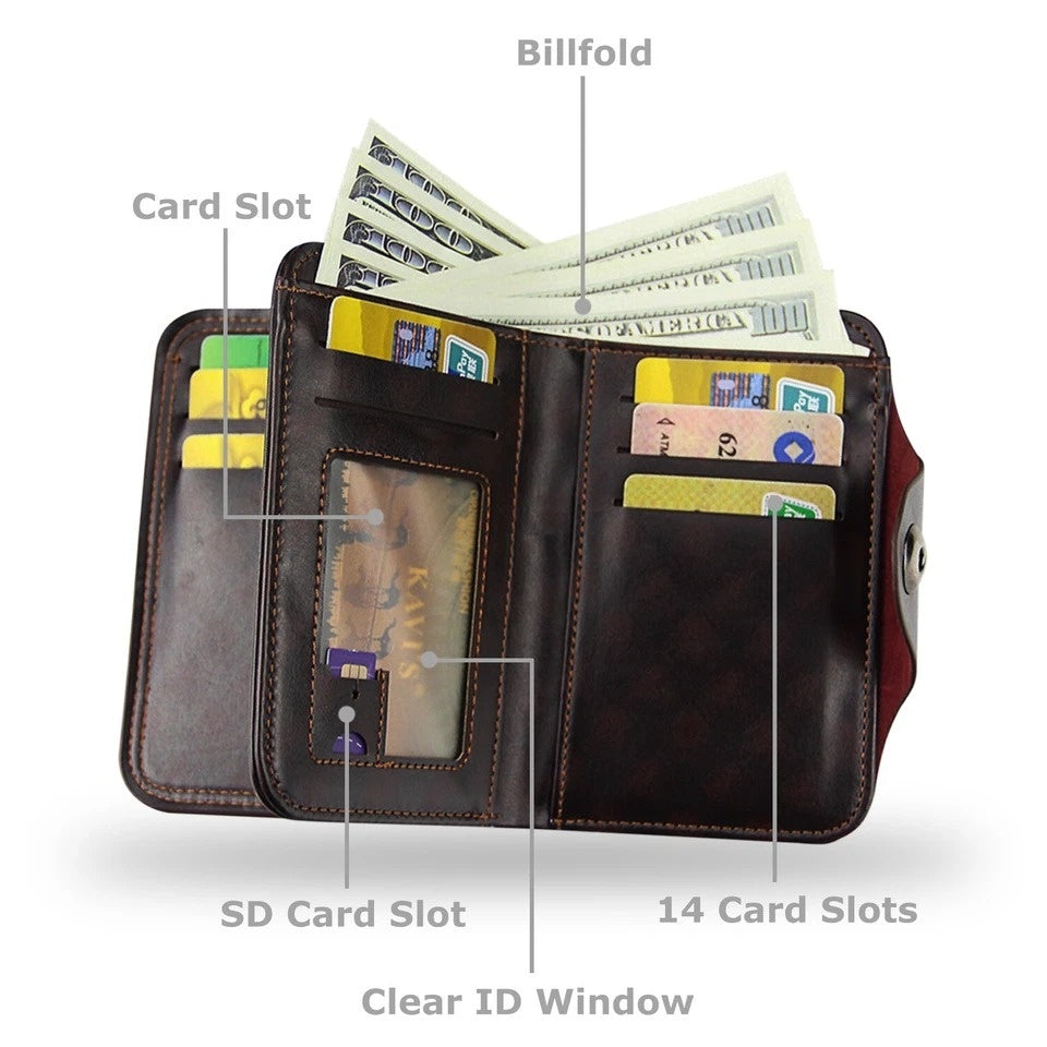 Large-capacity Tri-fold Men’s Wallet in Leather with Multiple Compartments, Snap Button Closure and a Compact, Easy-to-Carry Design