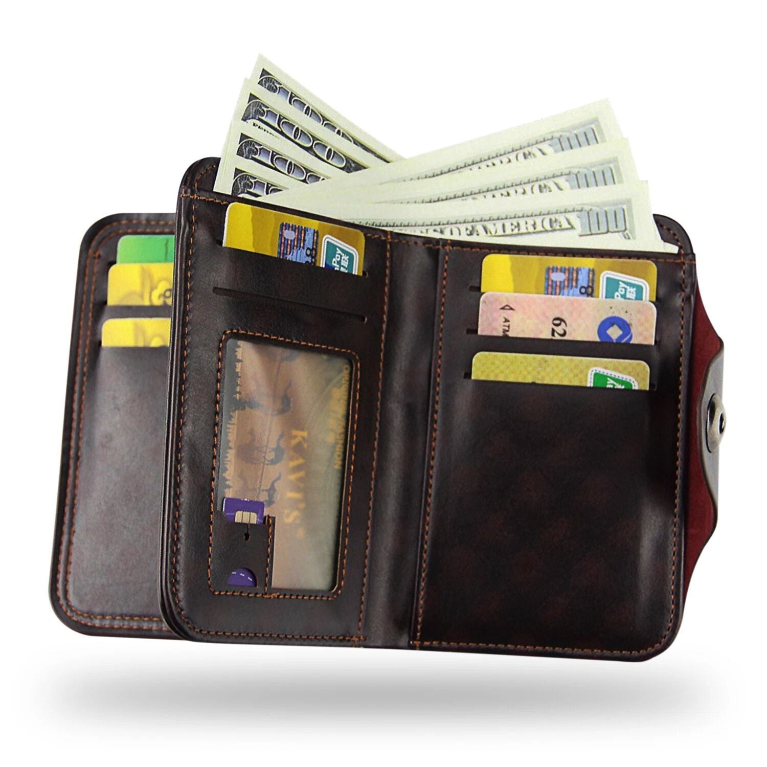 Large-capacity Tri-fold Men’s Wallet in Leather with Multiple Compartments, Snap Button Closure and a Compact, Easy-to-Carry Design