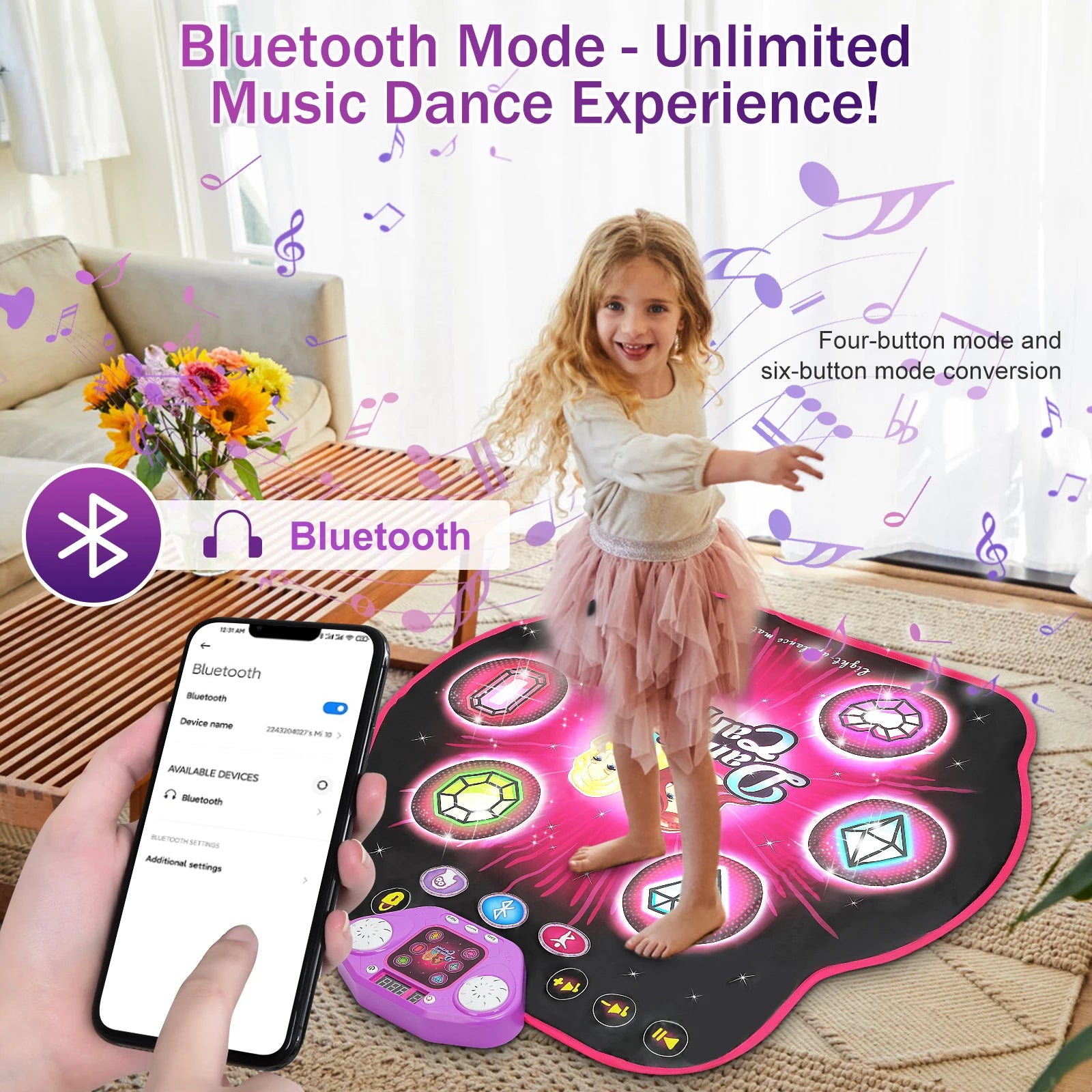 Light-Up Dance Mat for Kids, Bluetooth Music, Rechargeable Game Pad
