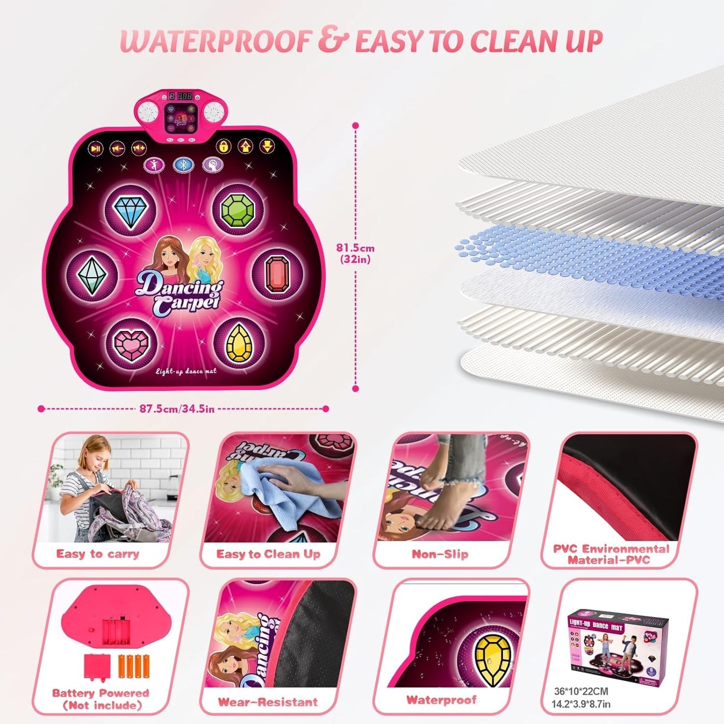 Light-Up Dance Mat for Kids, Bluetooth Music, Rechargeable Game Pad