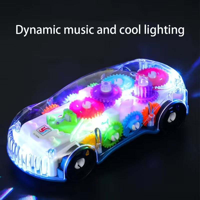 Light-Up Transparent Car with Moving Gears, Music & Durable Plastic, Suitable for Kids 6 Months+
