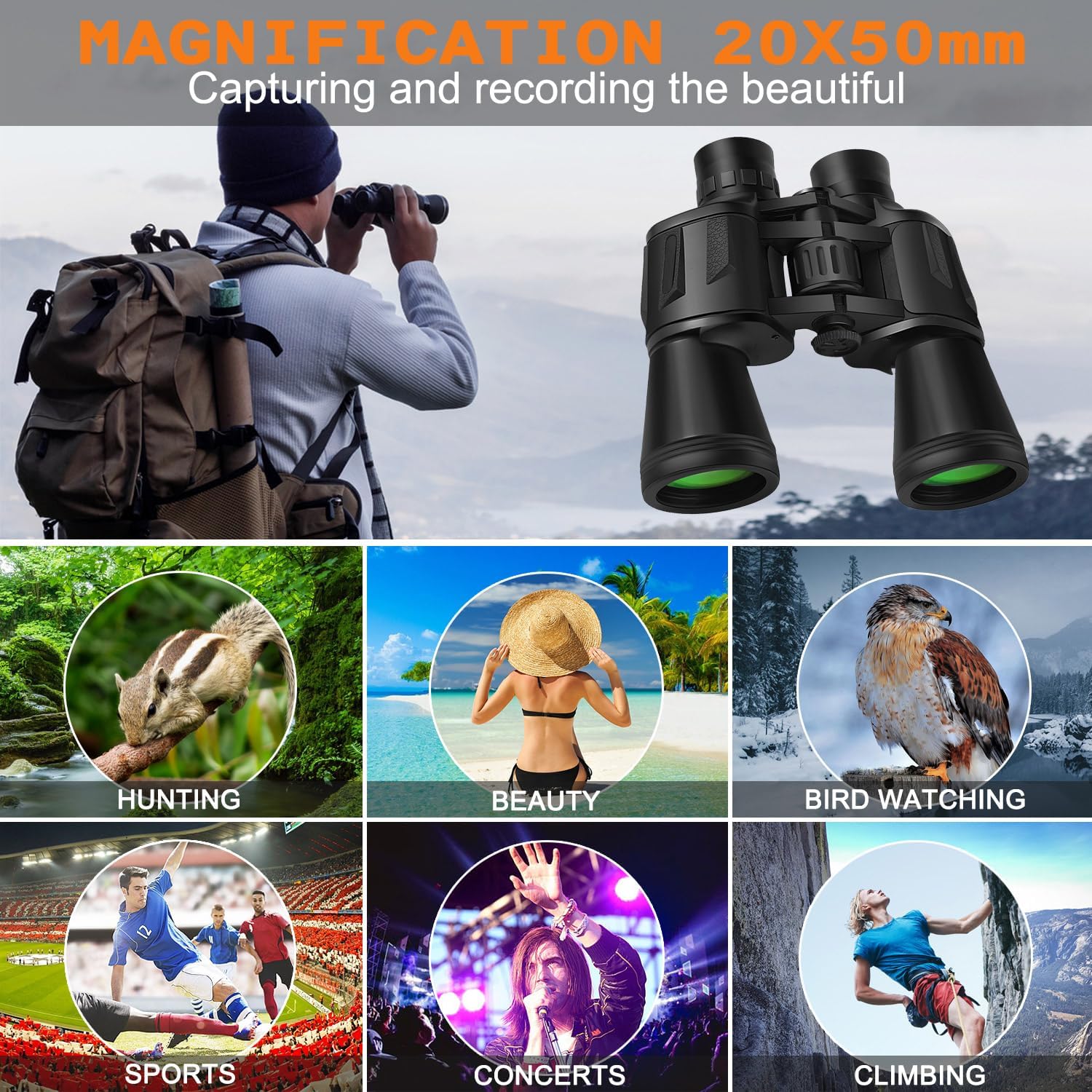 Long-Range Binoculars With Powerful 20x Magnification, Large 50mm Objective Lens, And Military-Grade FMC Coating