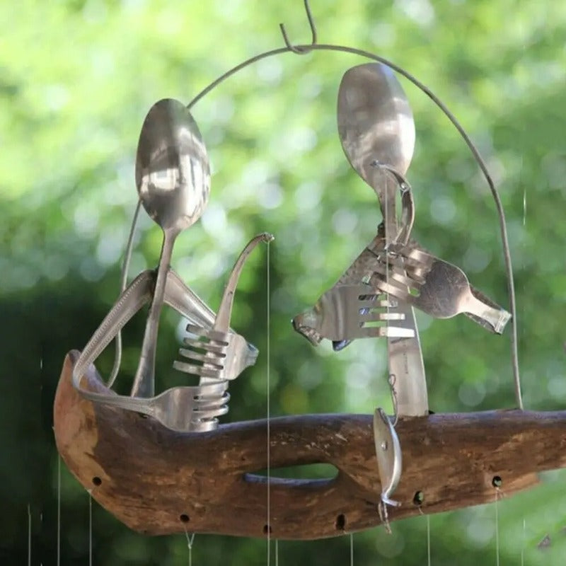 Lovely Fishing Man Spoon Fish Sculpture Wind Chime