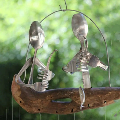 Lovely Fishing Man Spoon Fish Sculpture Wind Chime