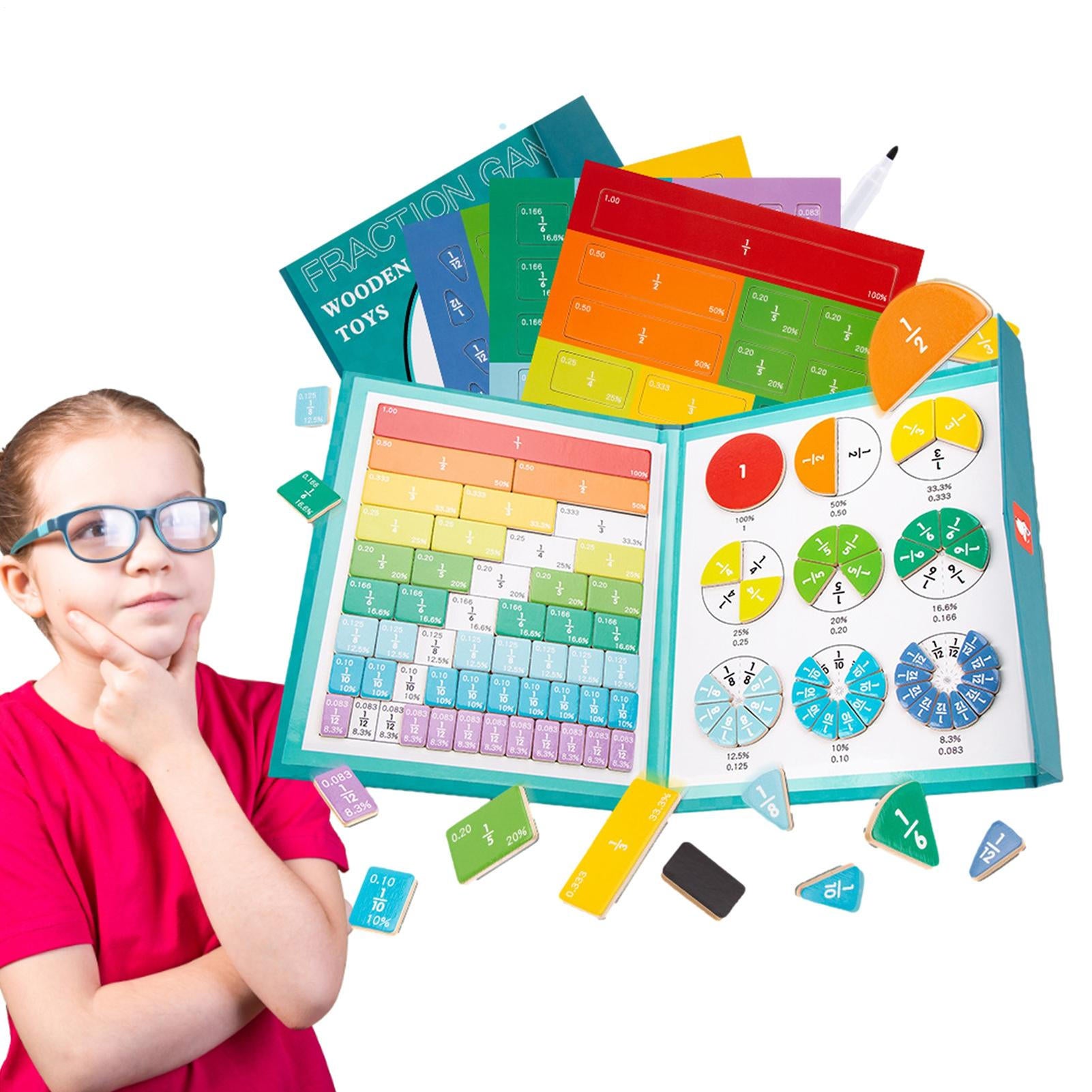 Magnetic Montessori Fraction Puzzle, Wooden Math Learning Game with Magnetic Tiles & Circles, Safe for Ages 3+