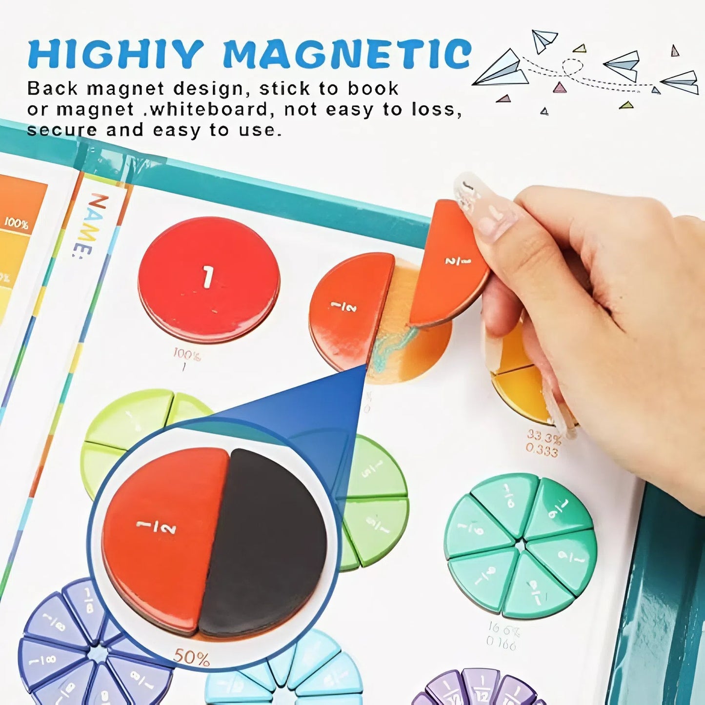 Magnetic Montessori Fraction Puzzle, Wooden Math Learning Game with Magnetic Tiles & Circles, Safe for Ages 3+