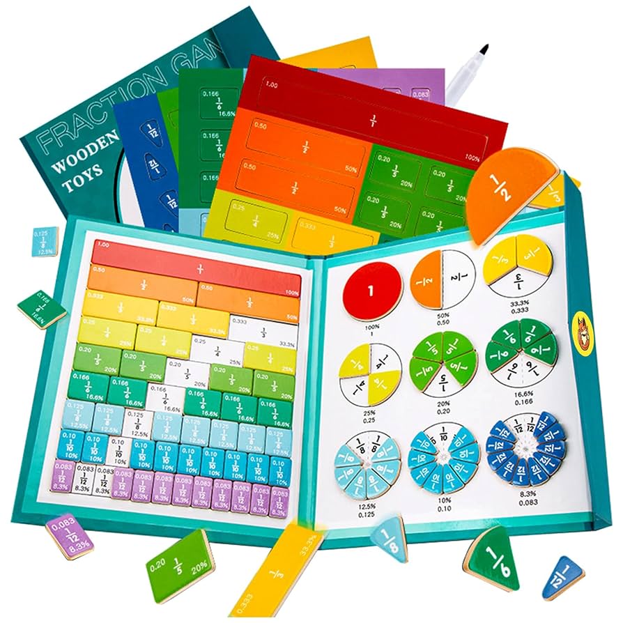 Magnetic Montessori Fraction Puzzle, Wooden Math Learning Game with Magnetic Tiles & Circles, Safe for Ages 3+
