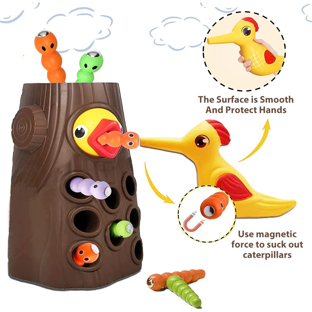 Magnetic Woodpecker Catching Game with Educational Toy with Colorful Worms, Safe for  Ages 1+