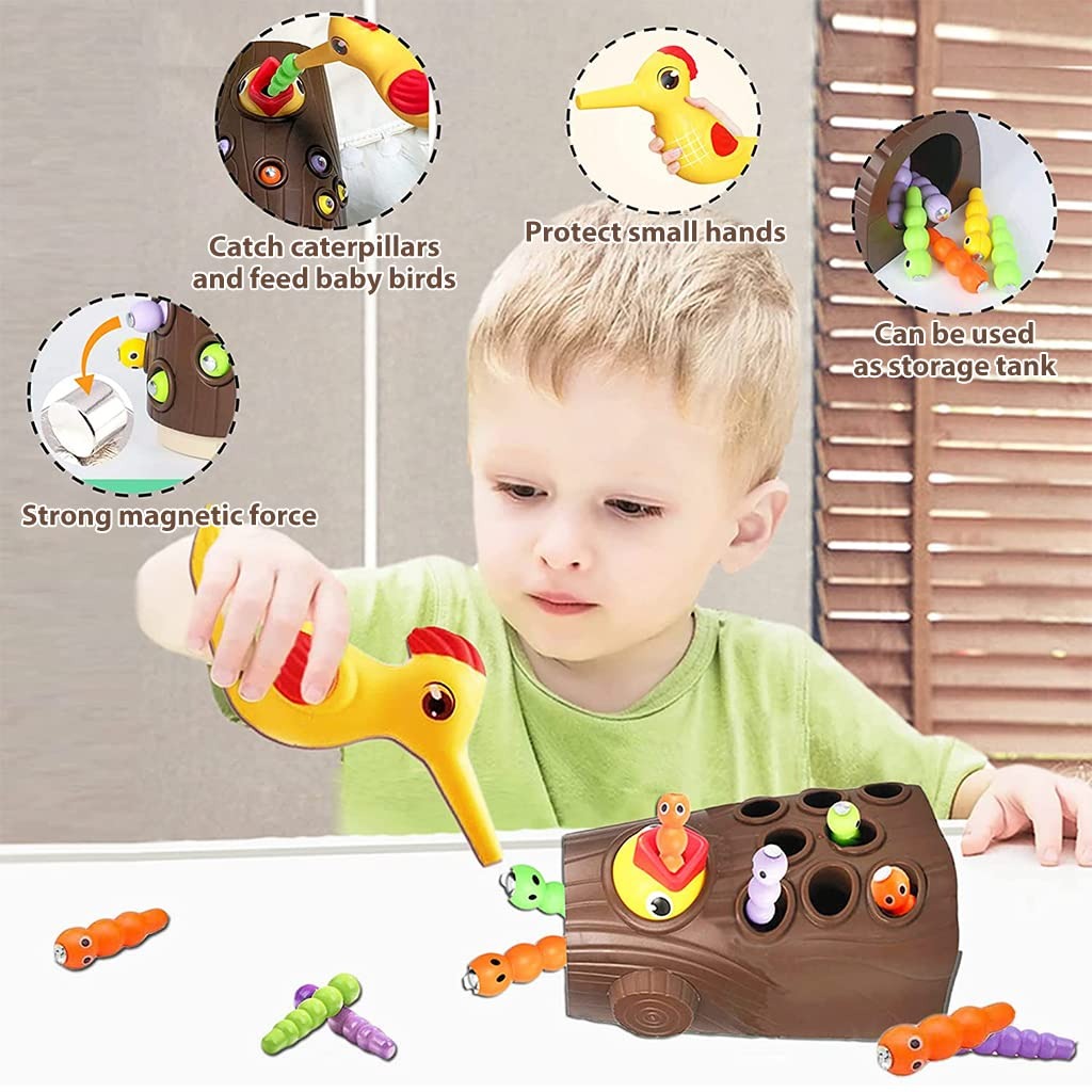 Magnetic Woodpecker Catching Game with Educational Toy with Colorful Worms, Safe for  Ages 1+