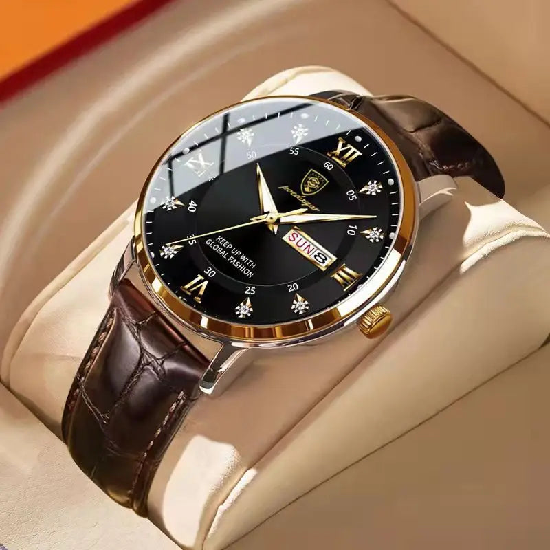 Men’s Stainless Steel Analog Watch - Luxury Waterproof Leather Quartz Timepiece