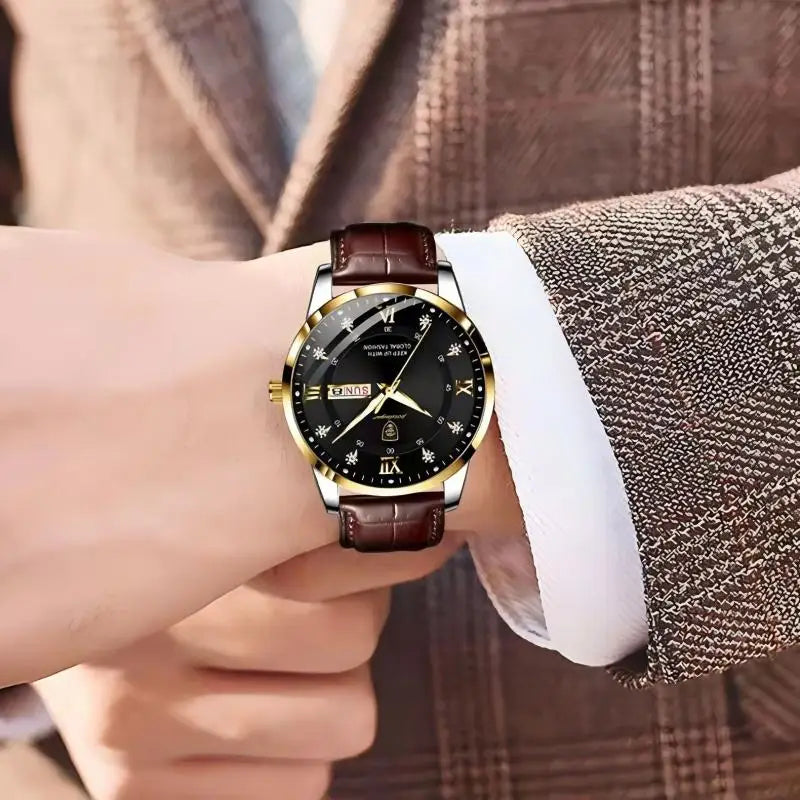 Men’s Stainless Steel Analog Watch - Luxury Waterproof Leather Quartz Timepiece