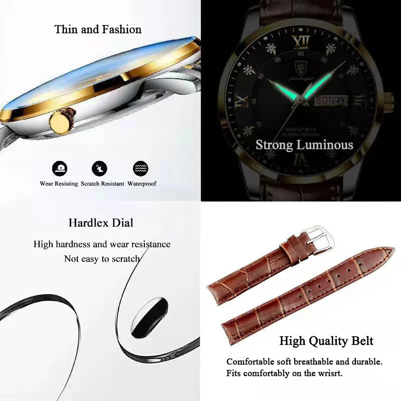 Men’s Stainless Steel Analog Watch - Luxury Waterproof Leather Quartz Timepiece