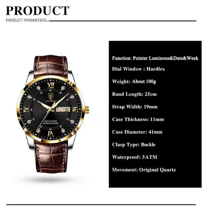 Men’s Stainless Steel Analog Watch - Luxury Waterproof Leather Quartz Timepiece